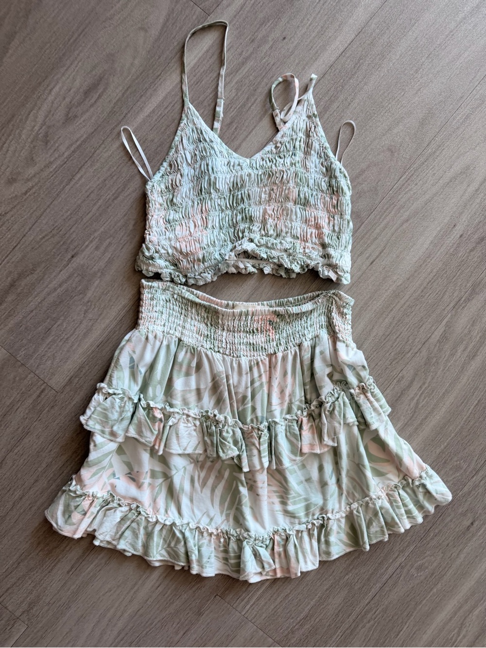 Ocean Drive Pastel Mint & Blush Floral Smocked Top & Ruffle Skirt Set